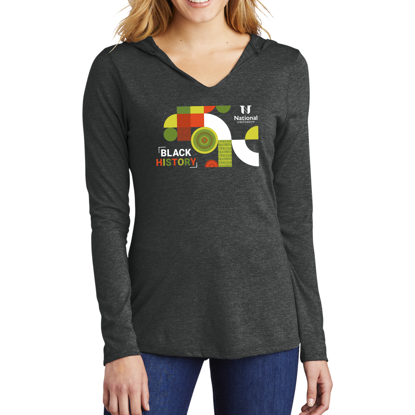 District Made Ladies Perfect Tri Long Sleeve Hoodie Tee - Black History 1